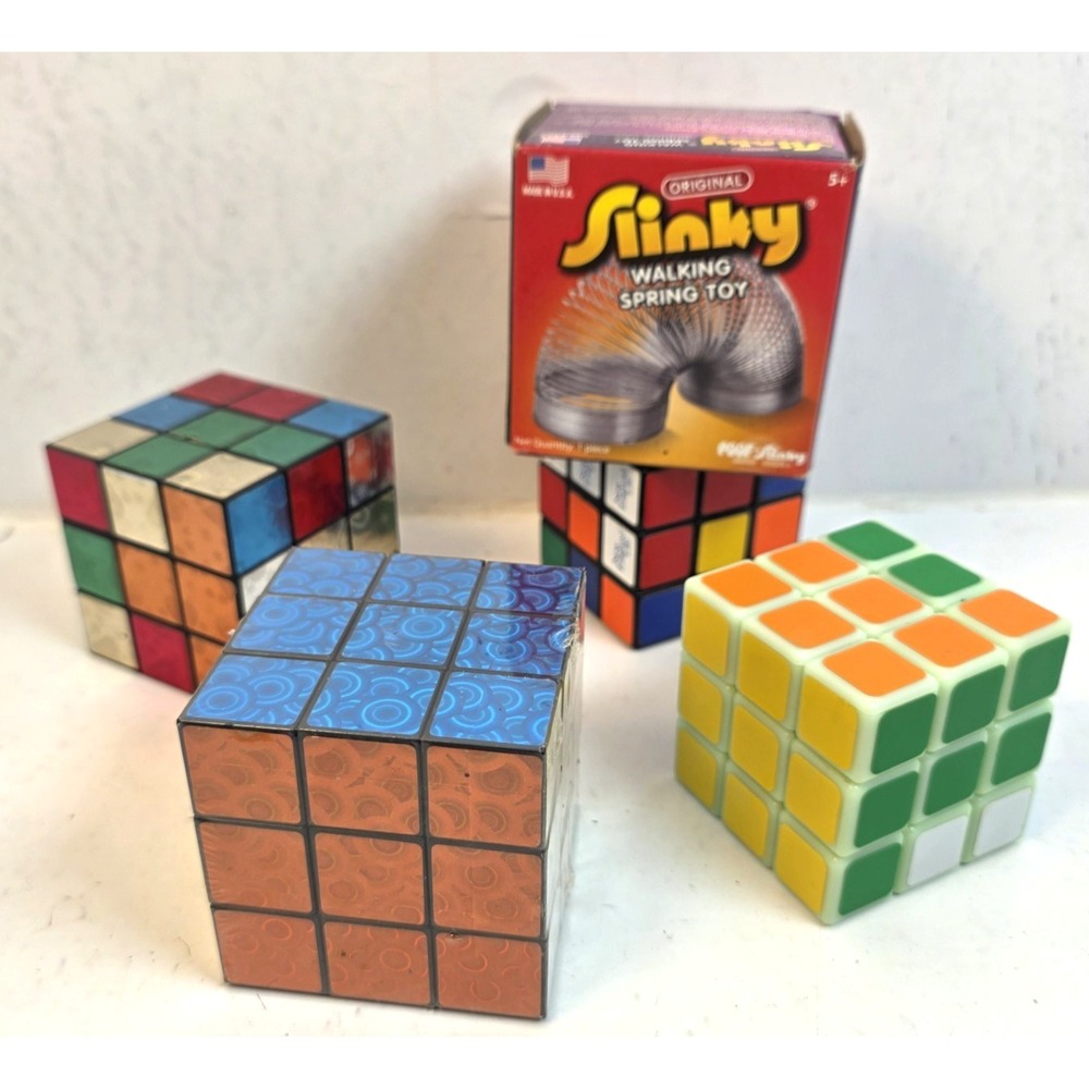 Vtg Magic Puzzle Cube Lot Retro Bundle Glow The‎ Dark Holographic Slinky In Box